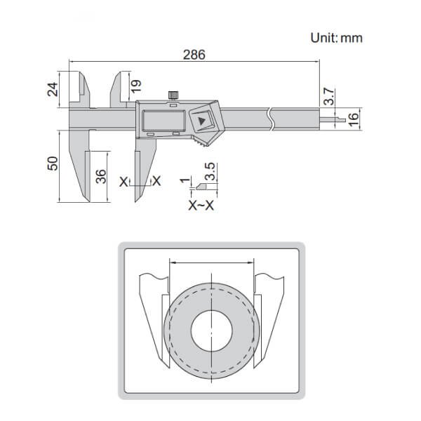 Thước kẹp điện tử mỏ đo dưới dạng cạnh dao Insize 1532