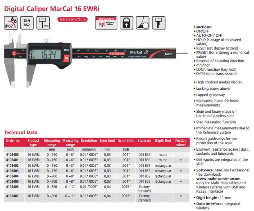 Dòng thước kẹp điện tử MarCal 16 EWRi với kết nối dữ liệu không dây và IP67 Dòng thước kẹp điện tử MarCal 16 EWRi với kết nối dữ liệu không dây và IP67